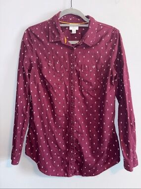 St. John's Bay Burgundy Button-Up with Tiny Cream Motif
